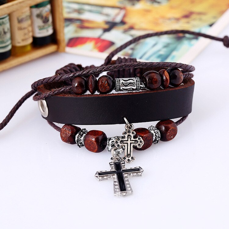 4 Layers Charm Bracelet for Women Men Leather Rope String Beads Jesus Christ Cross Jewelry 17cm Adjustable Handmade: brown