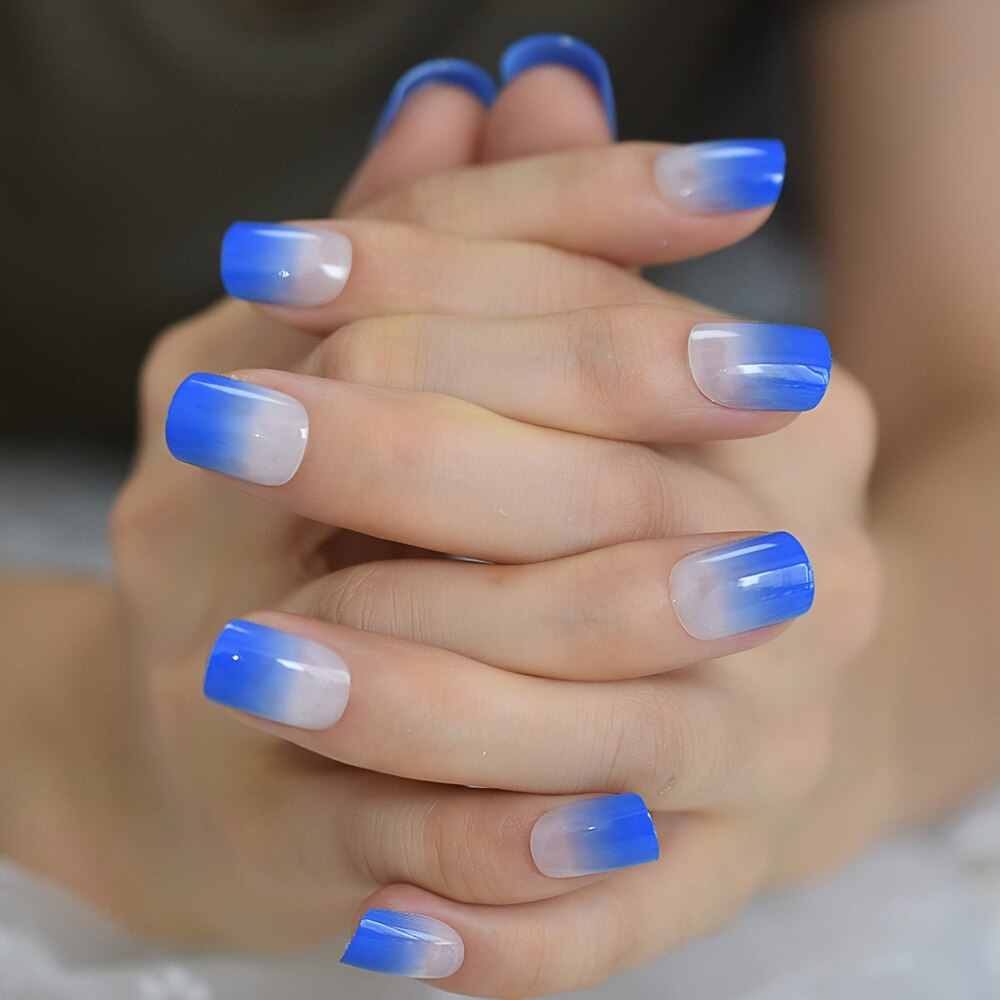 Faux-ongles pour French manucure, bleu diamant, Ombre, à pression, carré brillant, par les dames, 24 Ct