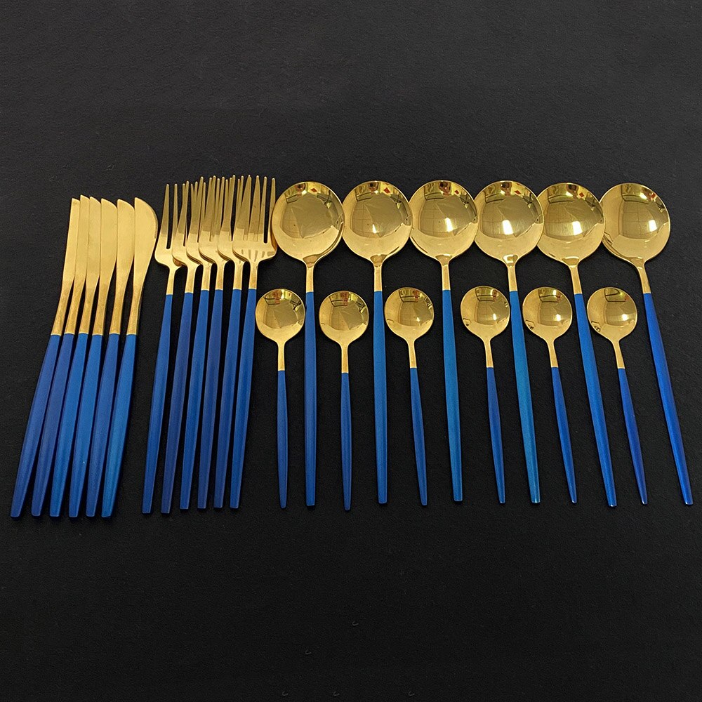 Explosion24Pcs Bunte Geschirr Set Edelstahl Besteck Set Küche Spiegel Gold Geschirr Set Messer Gabel Löffel Geschirr: Blue Gold