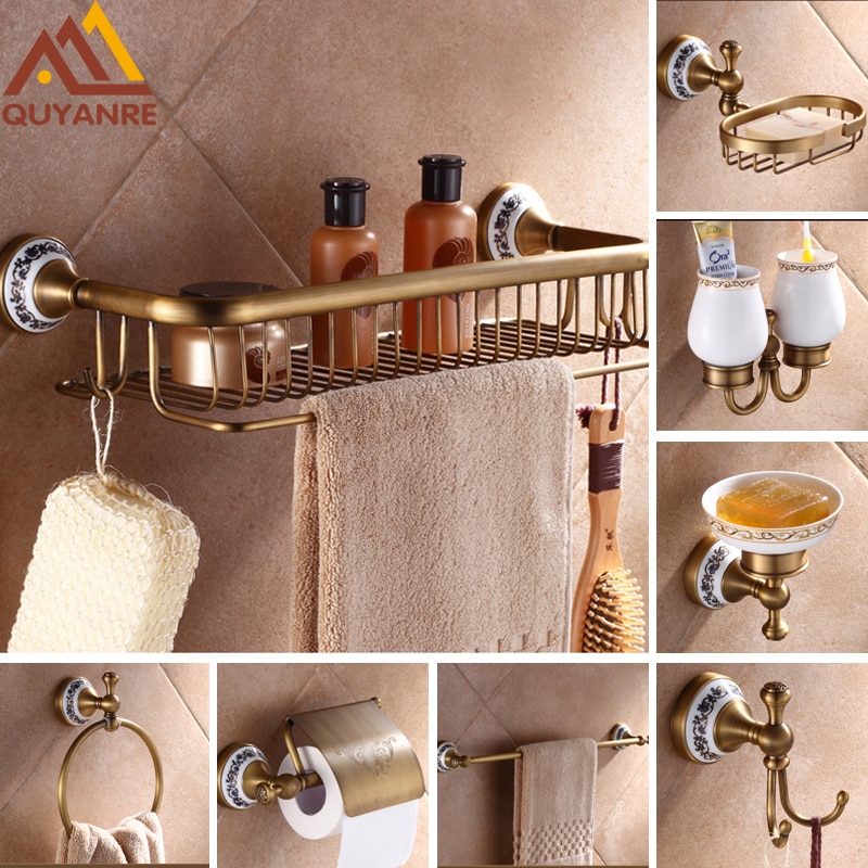 Quyanre Antique Brushed Brass & Porcelain Bathroom Hardware Towel Shelf Towel Bar Paper Holder Cloth Hook Bathroom Accessories