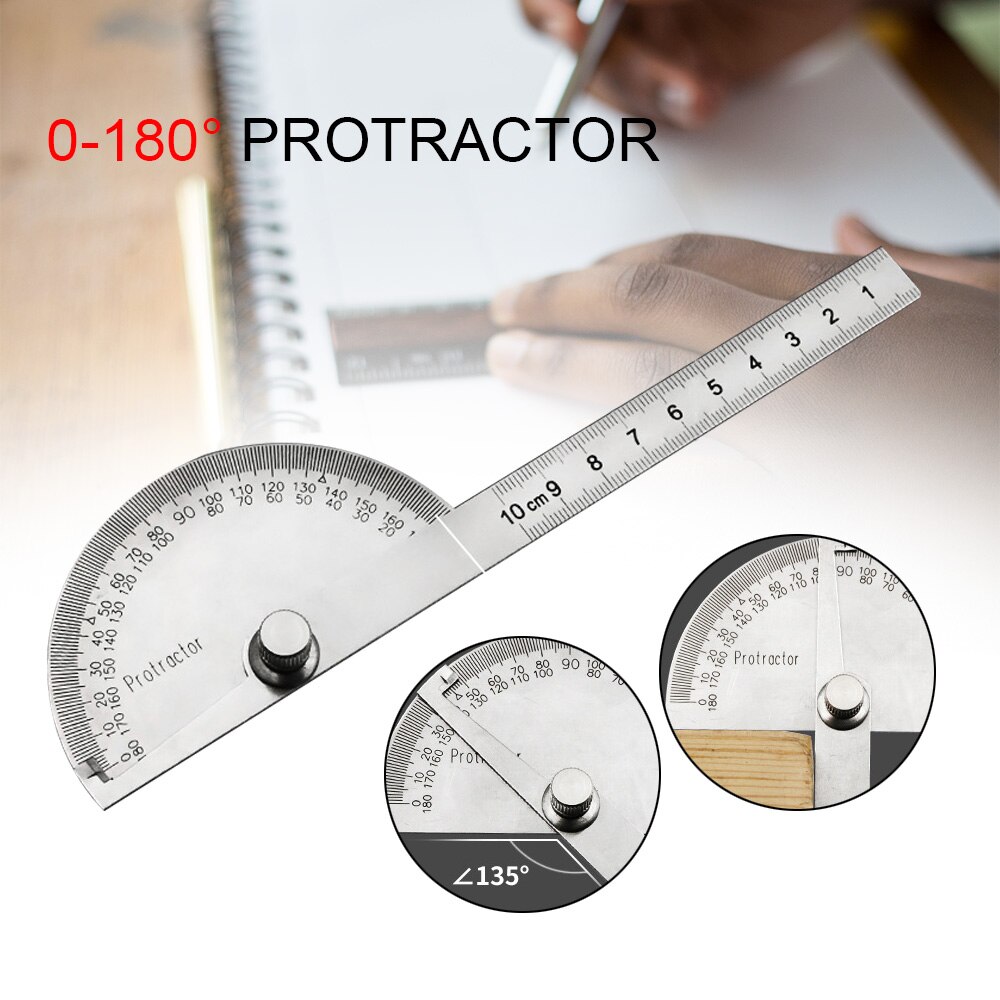 Stainless Steel Round Head 180 degree Protractor Angle Finder Rotary Measuring Ruler Machinist Tool 10cm Ruler