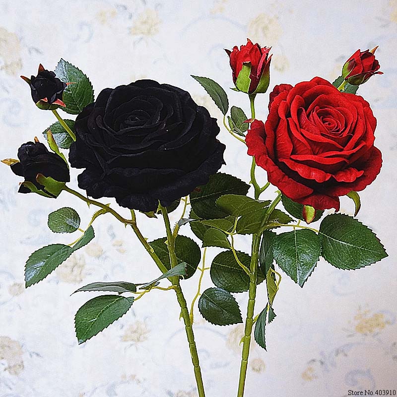 Luxe Black Rose Tak Fluwelen Simulatie Kunstbloemen Valentine Bruiloft Bloemen Home Decoratie Rozen Flores