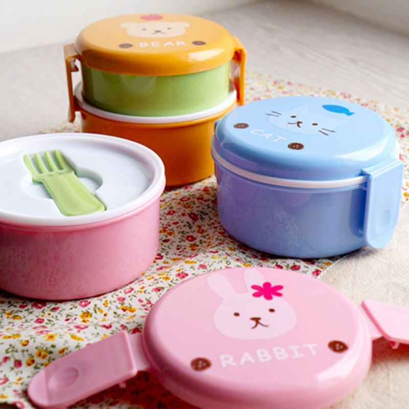 Cute Animal Lunch Box Japanese Double-layer Round Mini Bento Box Children&#39;s Fruit Box Snack Box Microwave Kids Lunch Box 540ml