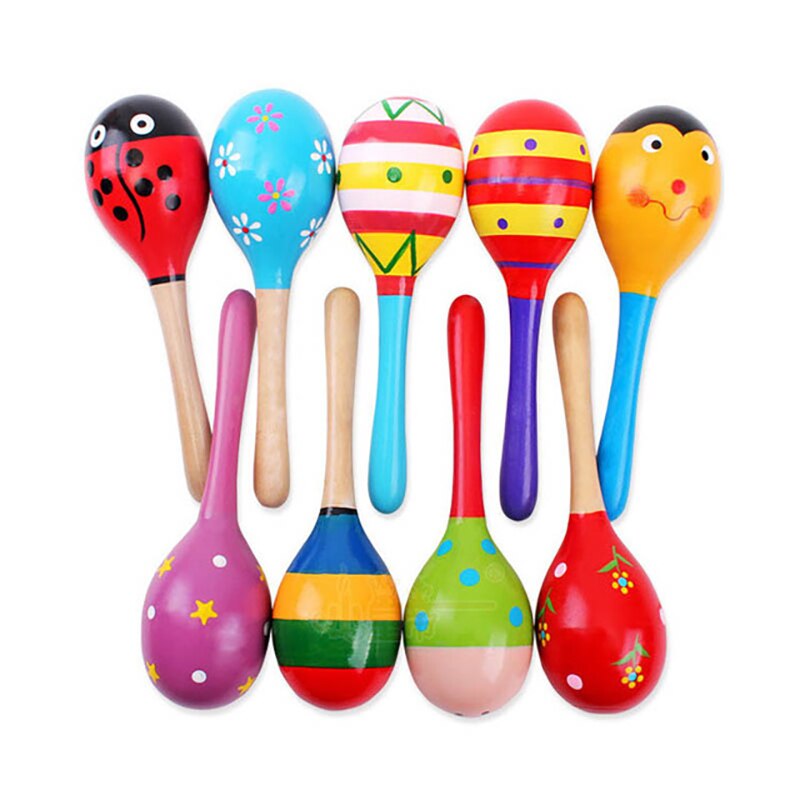 Cartoon Colorful Baby Rattles Mobile Bed Sand Sound Striped Dot Solid Print Chimes Ringing Hand Bell Baby Wooden Rattle Toys