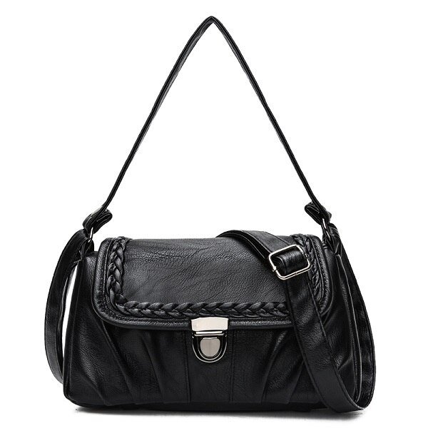 Kvinnlig liten väska vävda solida axelväskor mjukt pu läder dam messenger crossbody väskor med lock: Svart 2