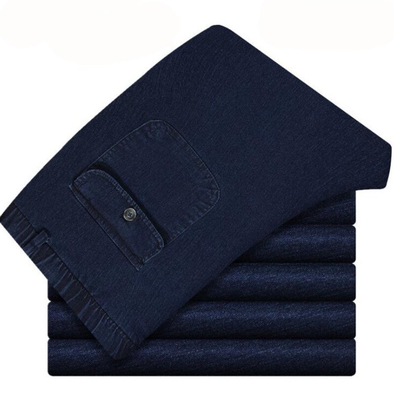 #1301 forår efterår formelle lige jeans mænd lille lomme elastik talje far midaldrende jeans løs elastik talje blå denim: Mørkeblå / 4xl