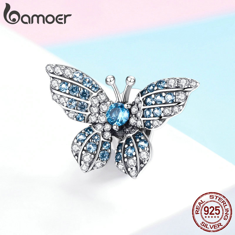 Bamoer 100% 925 Sterling Zilver Crystal Blue Zircon Vlinder Kralen Fit Charm Armbanden Vrouwen Kettingen Zilveren Sieraden BSC061