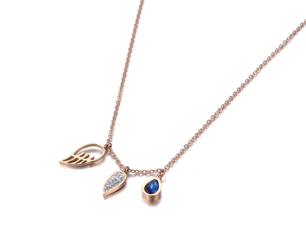Lokaer Titanium Stainless Steel Angel Wings & Water CZ Crystal Charm Pendant Jewelry Chain Choker Necklace For Women N19094