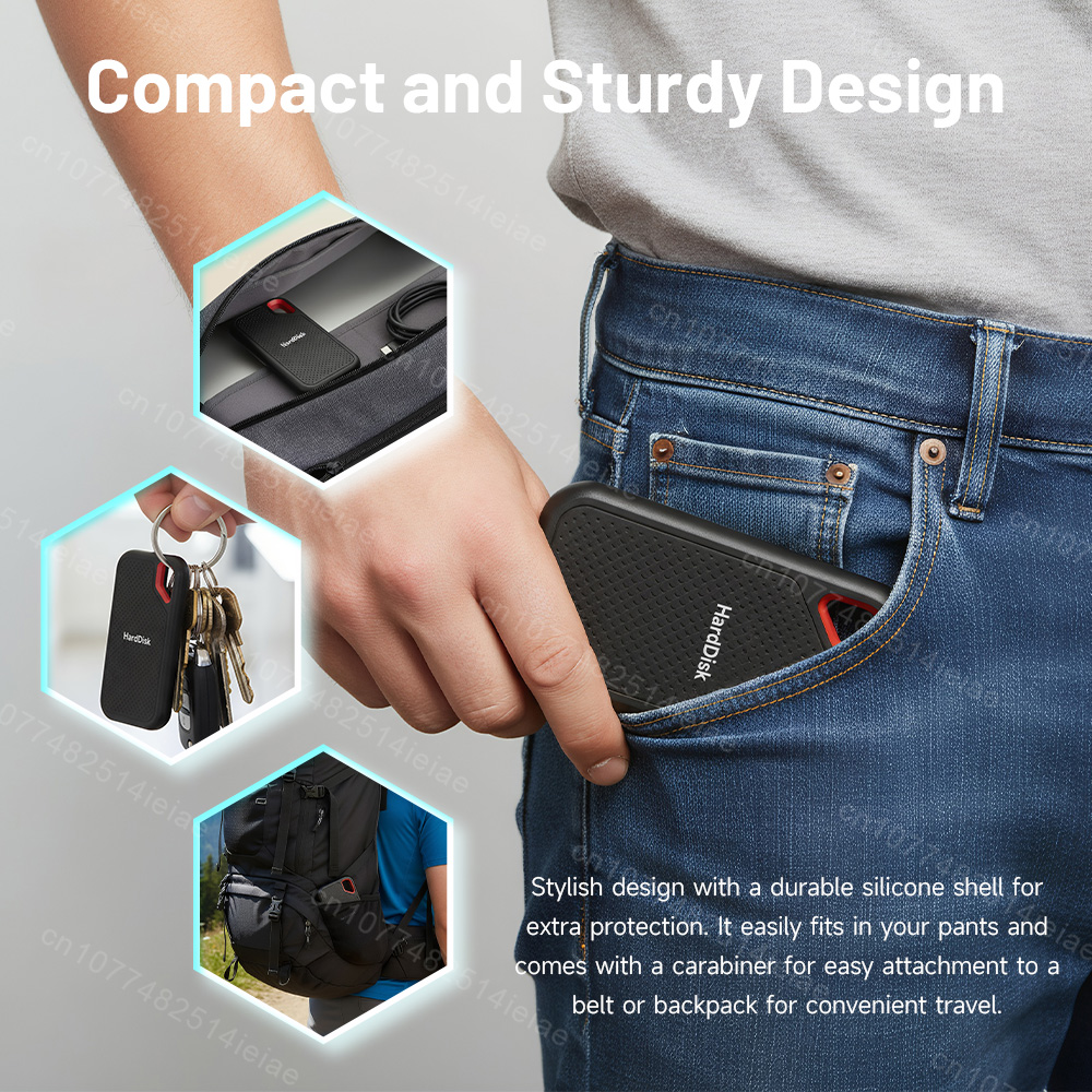 Portable 2TB high-speed solid-state drive with USB 3.1 Type-C interface, suitable for laptops/mobile phones.