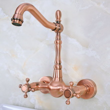 Rojo antiguo cobre latón baño cocina lavabo grifo mezclador grifo caño giratorio montado en la pared doble picaportes en cruz mnf944