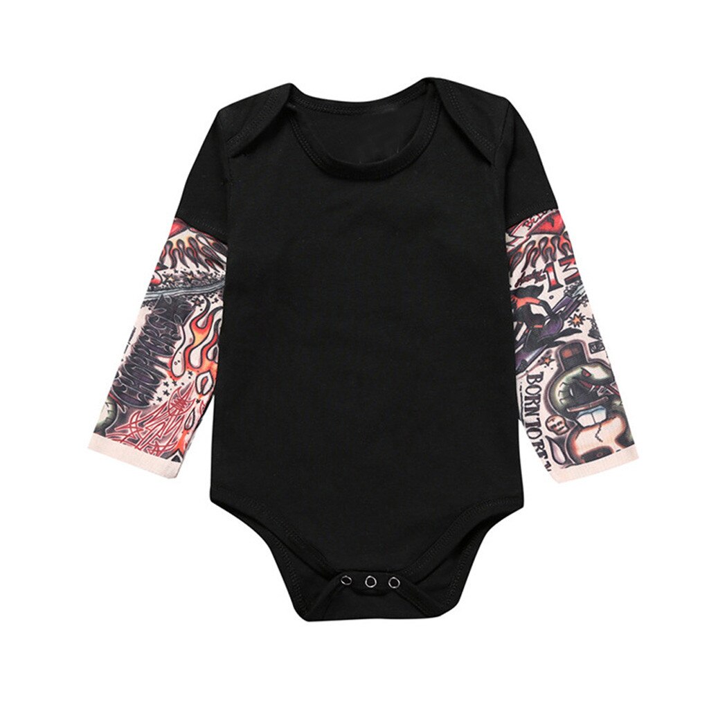 Floral Impresso Bodysuit Do inverno Do Bebê Menino Tatuagem Impresso Patchwork Manga Longa Romper Do Bebê Recém-nascido Bodysuit Outono детский костюм: Black / 24 m