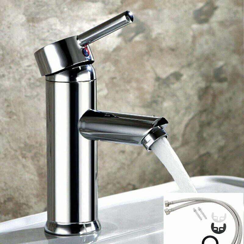 Mono Mixer Brass+Steel Faucet Tap For Bathroom Basin Sink+Inlet Hoses 60cm Quarter Turn Ceramic Discs