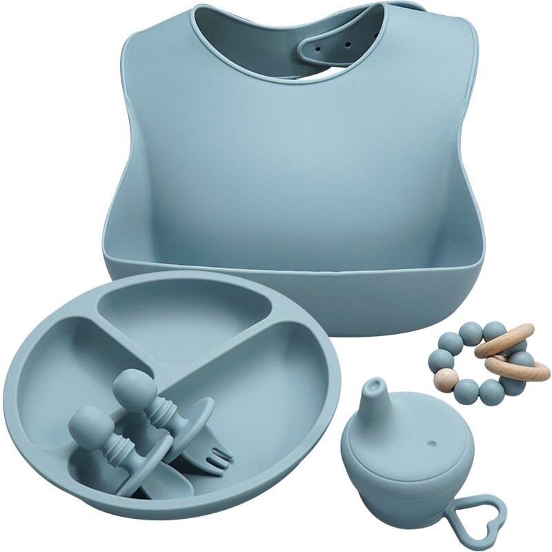 BPA FREI Lebensmittel Klasse Baby Silikon Geschirr Lätzchen Gabel Löffel Gerichte Platte Schüssel Wasserdicht Tragbaren Abendessen einstellen für Art freundlicher: 004-Äther