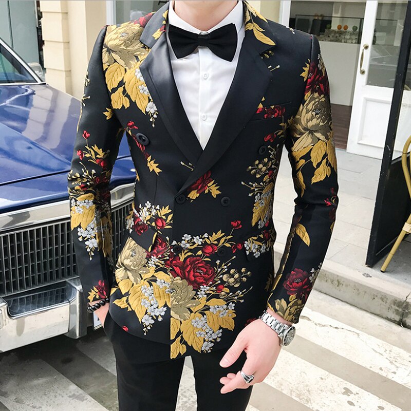 Trend mænds casual jakkesæt dobbeltradet blazer bryllupsfest mænd printet blazer: Udskriv 1 / M