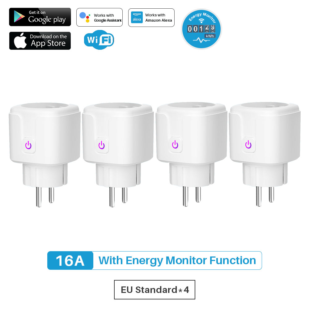 Tuya 16A Smart Plug Wifi Socket Eu Power Monitor Timing Functie Smart Leven App Afstandsbediening Werkt Met Alexa Google assistent: 4PCS