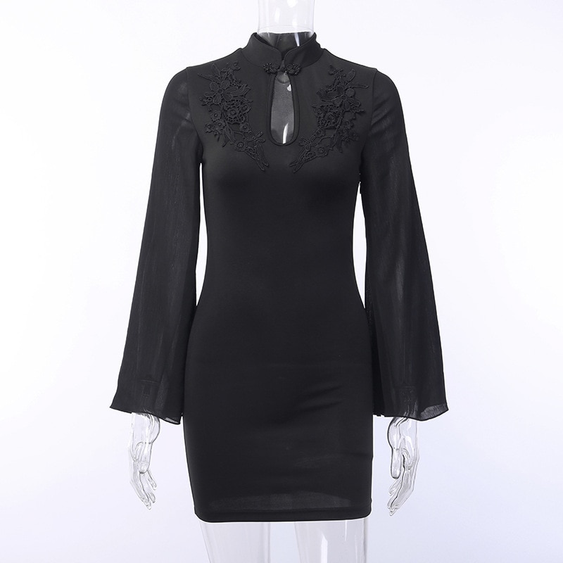 Donkerzwarte vintage gothic lolita jurken dames flare lange mouwen punk chique jurk esthetische herfst winter cheongsam