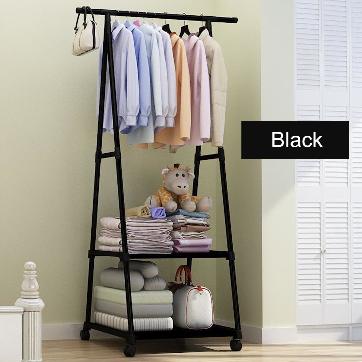 Removable Bedroom Hanging Clothes Rack with Wheels Floor Standing Coat Rack Multi-function Modern Triangle Coat Wardrobe Hanger: Black