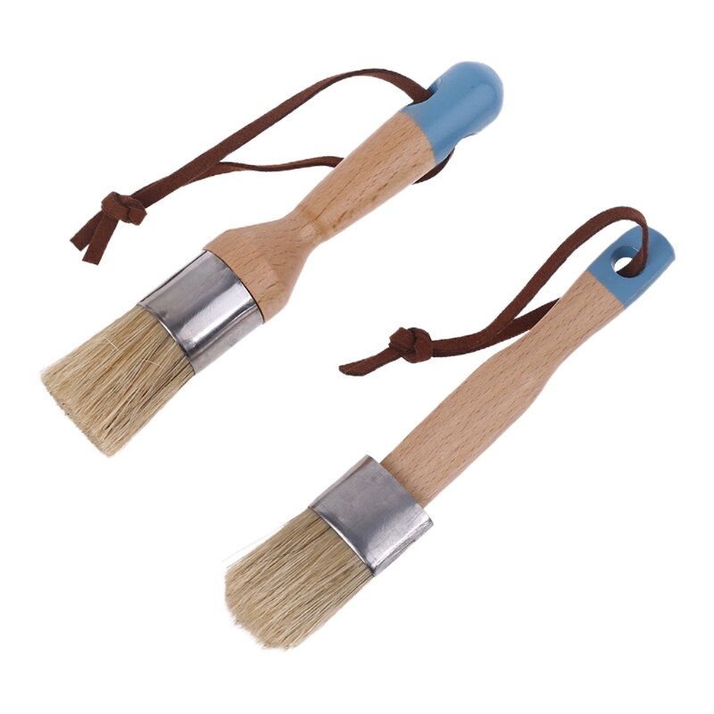 2 Stuks Ronde En Platte Krijt Verf Wax Borstel Ergonomische Houten Handvat Borstel K3NA: Blauw