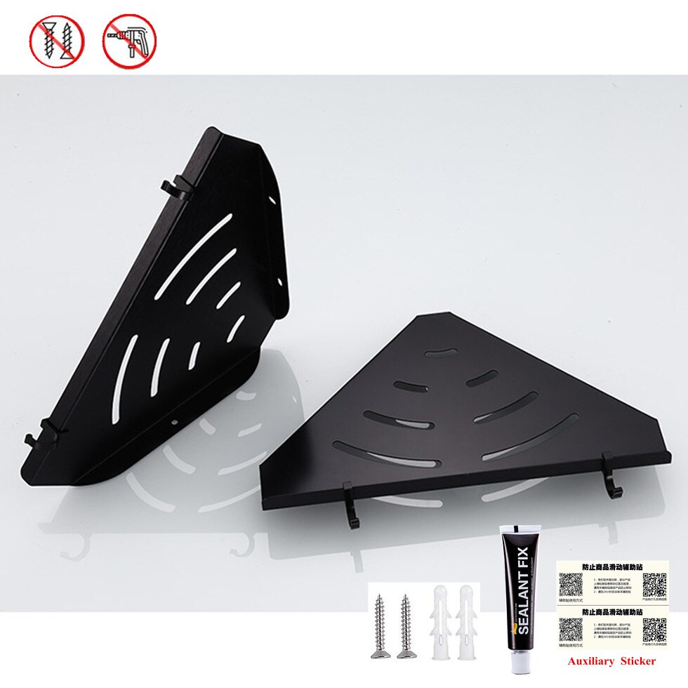 Black Bath Shower Caddy Triangle Shelf Wall Mount Space Aluminum Selves Adhesive No Damage Wall floating Rack etagere bain mural: 2 Tier