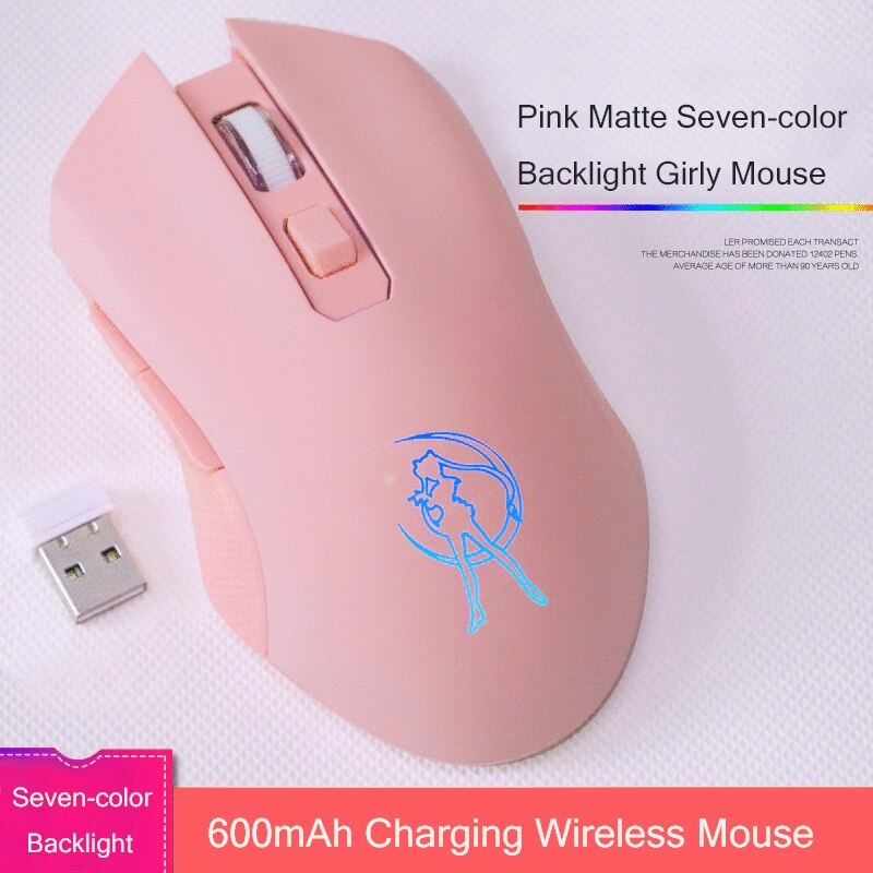 Women Pink Wireless Mouse 2.4Ghz 1600 DPI Mouse Mute Key USB Rechargeable Power Saver Girl Mice