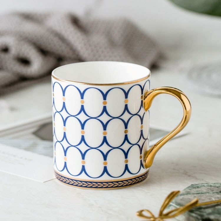 Tasse à café de luxe de Style britannique, 350ml, avec rayures dorées, en porcelaine, pour Couple, avec boîte: Circle Blue (682)