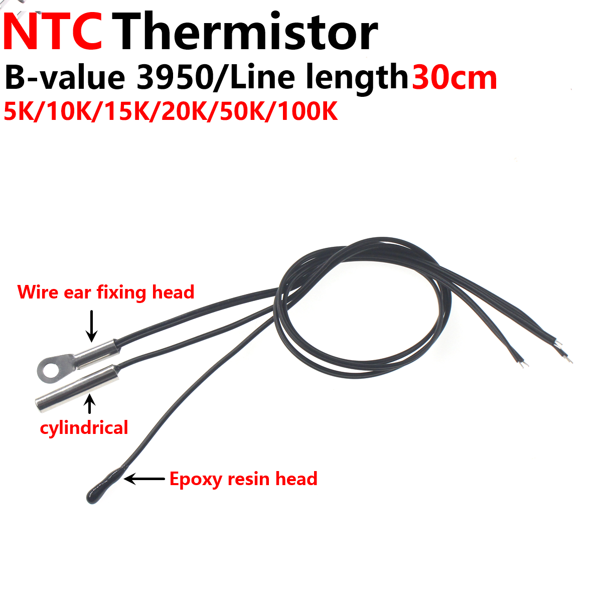 Sensor de temperatura de termistor epoxi de precisión, 10 piezas, 3950, 3435, 3470, NTC 5K, 10K, 15K, 20K, 50K, 100K, 300MM
