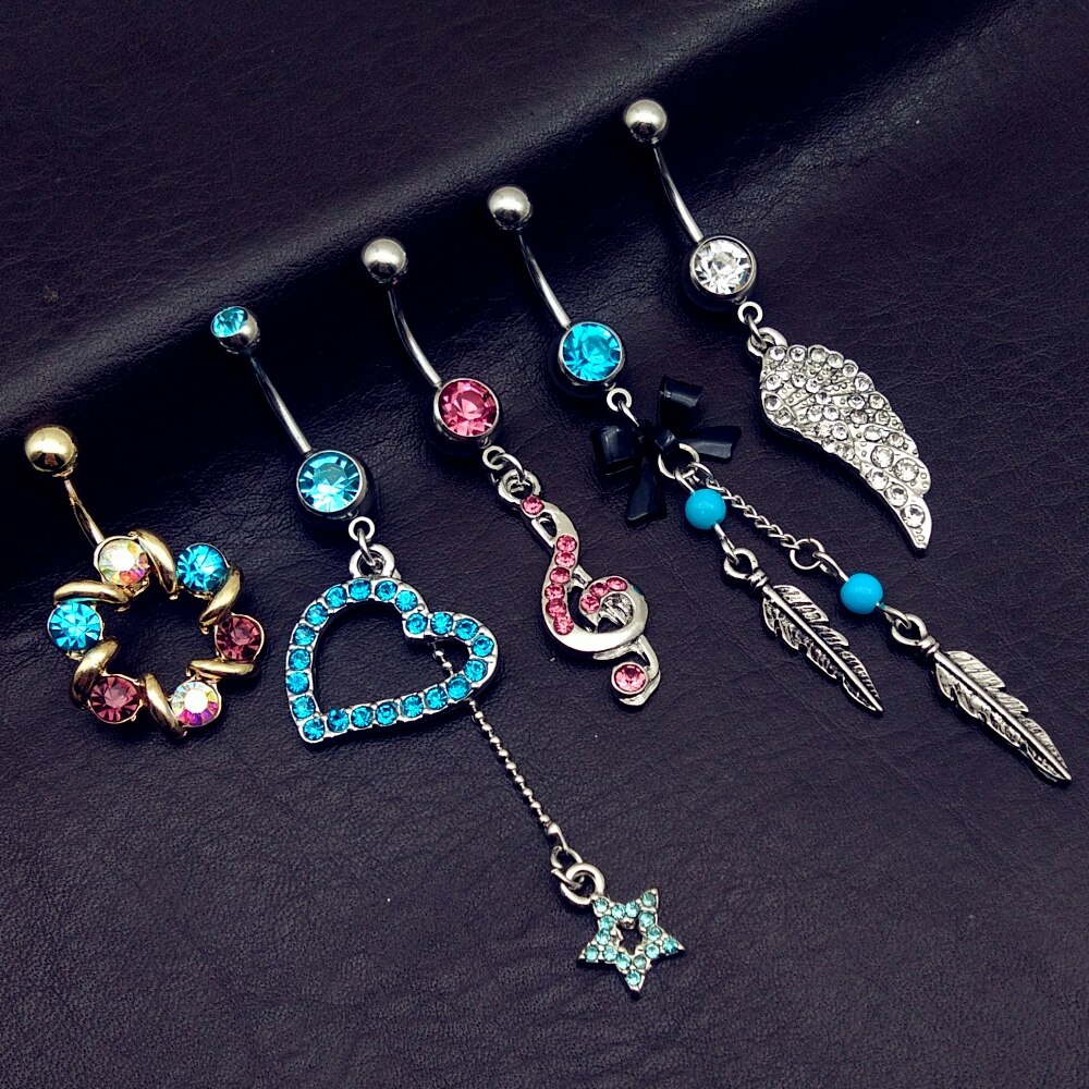 5 stks mix stijl vintage blauwe vleugels note ster boog lange dangle navel belly bar button ringen body piercing sieraden
