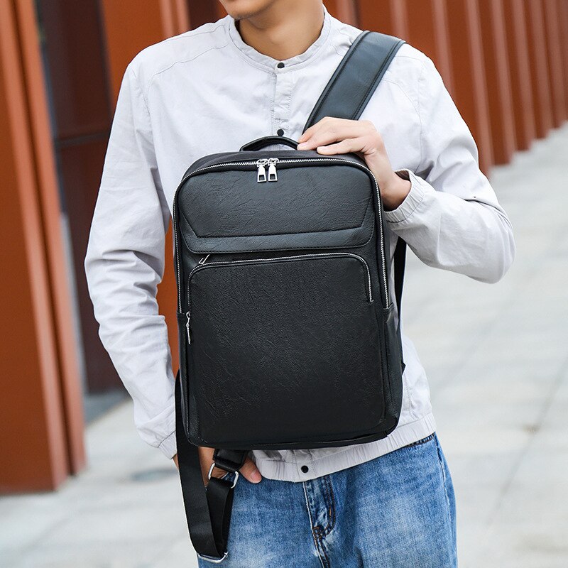 2Solid Colors Male PU Leather Laptop Bag 3 Layed Solid Large Capacity Handlebag Embossing City Jogging Leisure Backpack