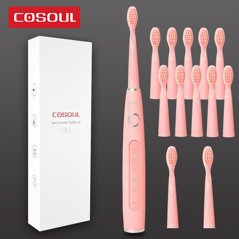 Sonic Electric Toothbrush Rechargeable Waterproof Toothbrush 11 Heads 5 Modes Protect Teeth: Pink10Heads
