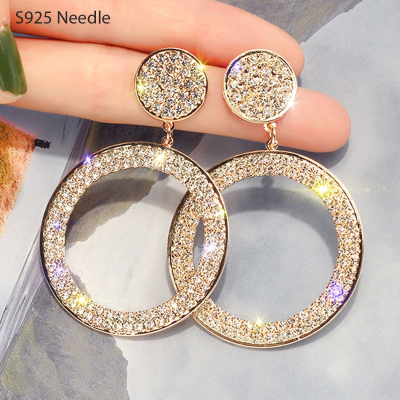 Real Pure 925 Sterling Silver Needle Long Dangle Earrings for Women Jewelry Round Rhinestone Female Earrings Bijoux