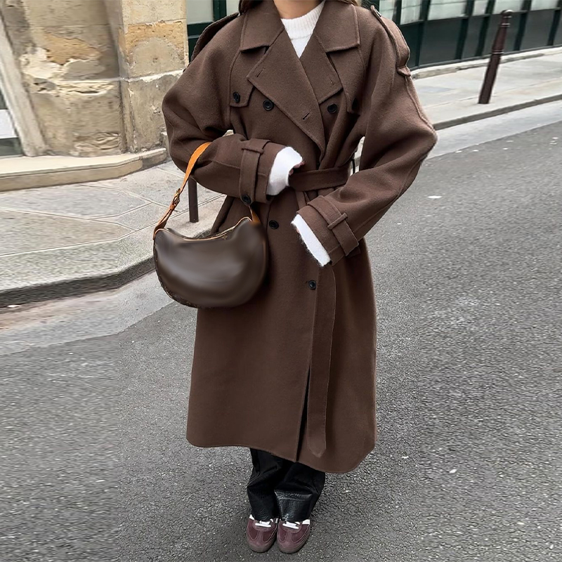 Damull långa kappor slag dubbelknäppta långärmade bruna överrockar höst vinter dam pendlingskläder ytterkläder: S / Marinblå