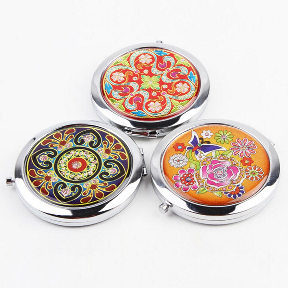 Makeup vintage blomsterprint mini kosmetikspejl bærbart rundt foldet kompakt lommespejl kosmetikforstørrelses makeupspejle: 3