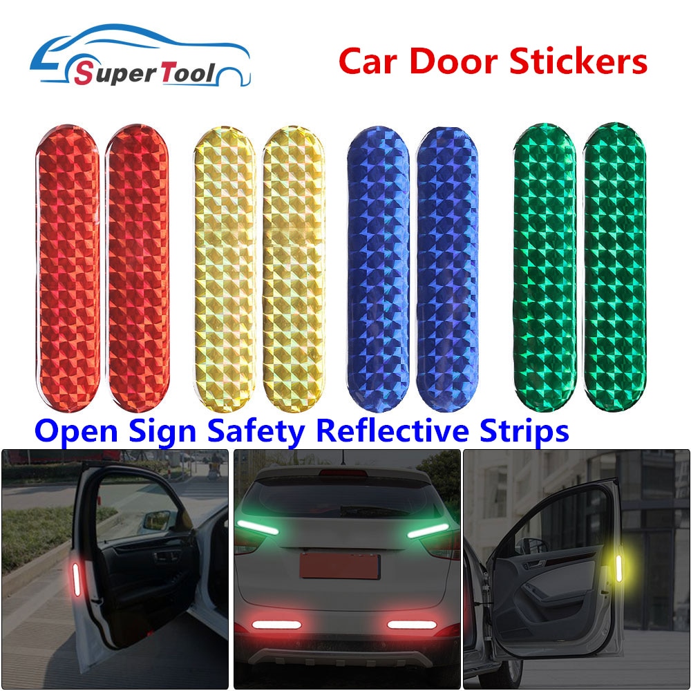 2 stuks autodeurstickers, waarschuwingstape, reflecterende stickers, reflecterende strip, auto-styling open bord, 4- kleurig veiligheidsmerk