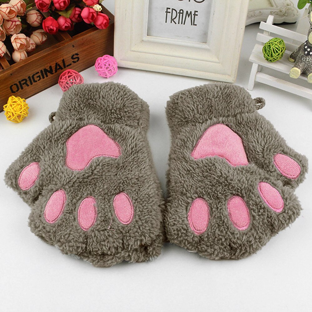 Winter Handschoenen Kids Leuke Cartoon Meisje Kat Claw Paw Vingerloze Winter Warmer Half Vinger Handschoenen Mitten YE11.5: KH
