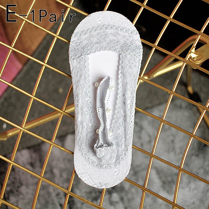 Calcetines cortos transpirables de encaje Floral para mujer, medias finas suaves de estilo coreano, con perlas, para primavera y verano, 1 par: E