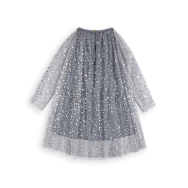 Sukienka dla dziewczynek suknia ślubna kostium księżniczki błyszcząca sukienka urodzinowa dla dzieci gryzmolić srebrna folia drukuj błyszczące gwiazdy szara sukienka z przędzy