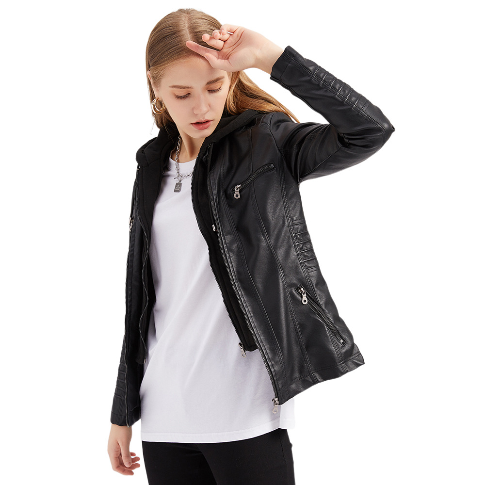YJKDYK 2025 Lente Herfst vrouwen Lederen Jassen Capuchon Afneembare Rits Jas Vrouwelijke Zak Pure Kleur Motorjas