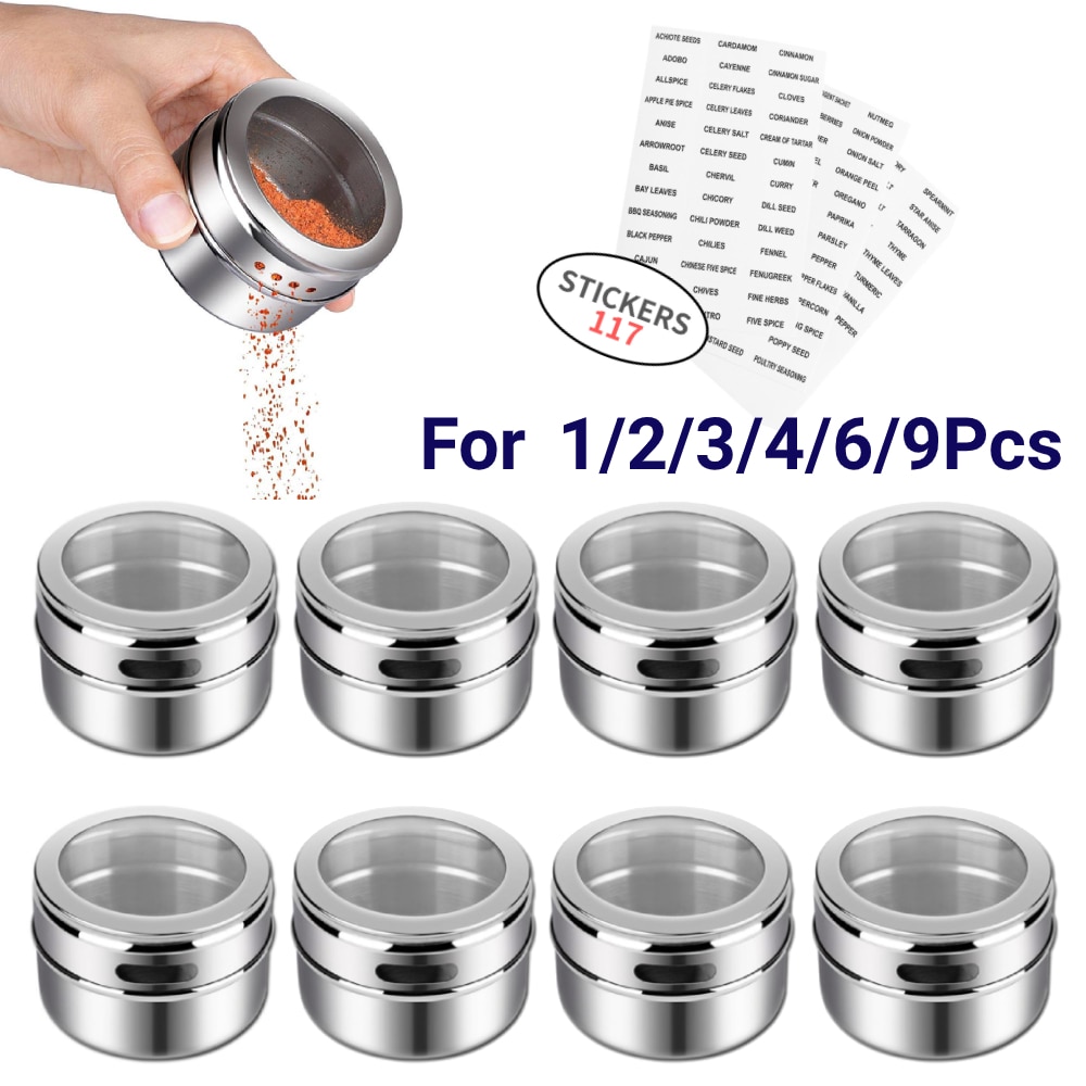 3/6/9pcs Magnetic Spice Jars Container Set With Labels Stainless Steel Oil Bottle Pepper Spice Rack Kitchen Organizer Containers