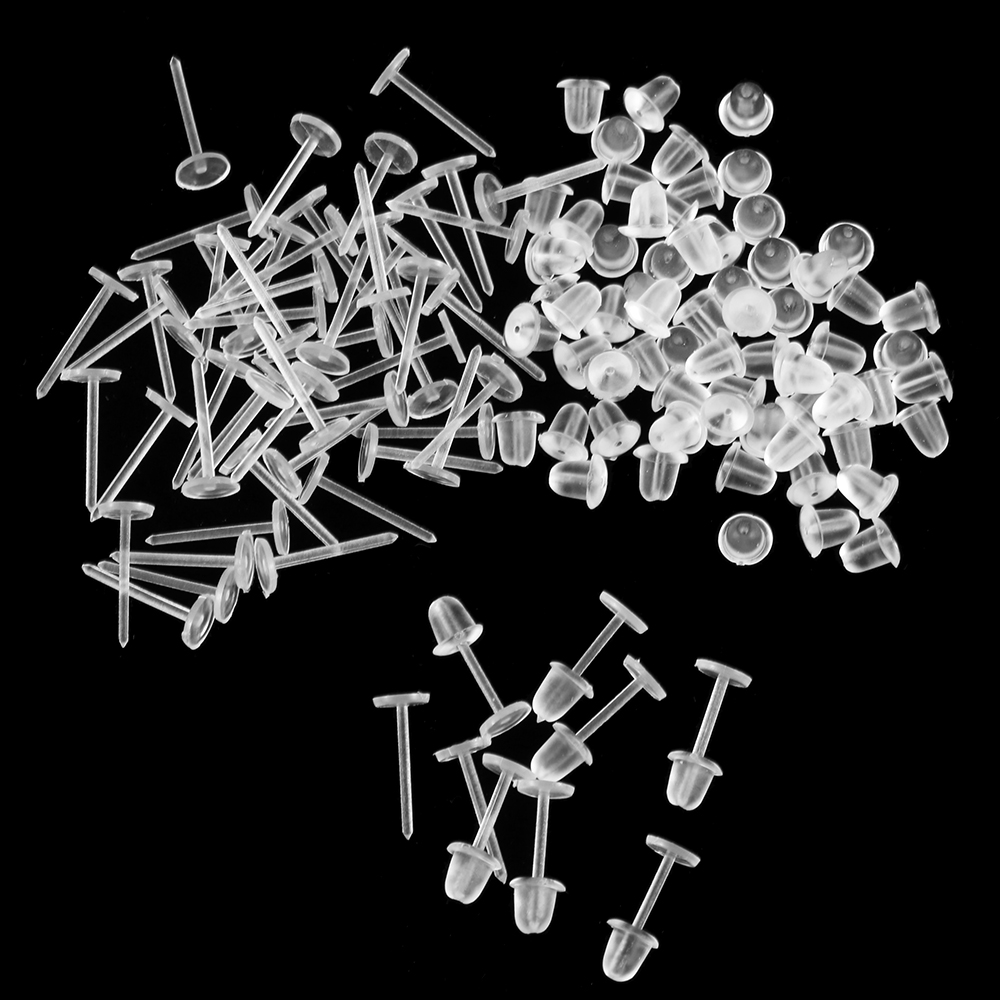 100 Pairs Plastic Earring Posts and Backs Clear Ear Pins and Silicone Rubber Backs Earnuts Earring Backs for Men Women