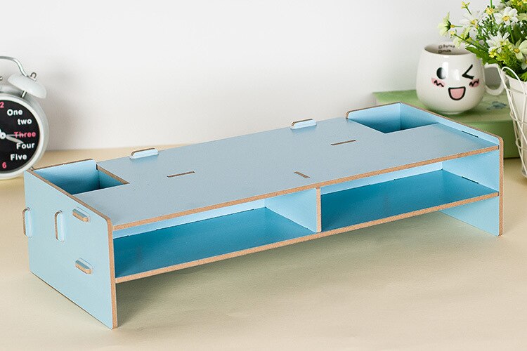 Assembled Computer Monitor Rack 3 Layers Wood Office Table Organizer for Pen/Keyboard/Stationery Laptop Tray 48*20*11.5cm: Blue