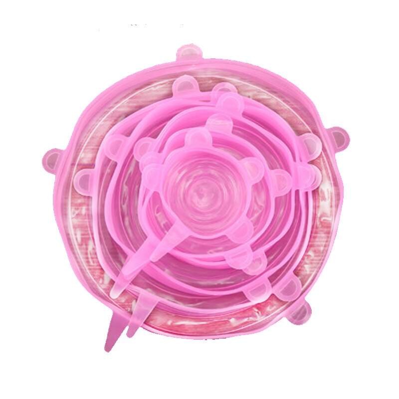 Envolturas de silicona reutilizables para alimentos, cubiertas selladas para mantener la comida fresca, sellado de silicona, tapas elásticas al vacío, organización de envolturas de Saran, 6 uds.: Pink