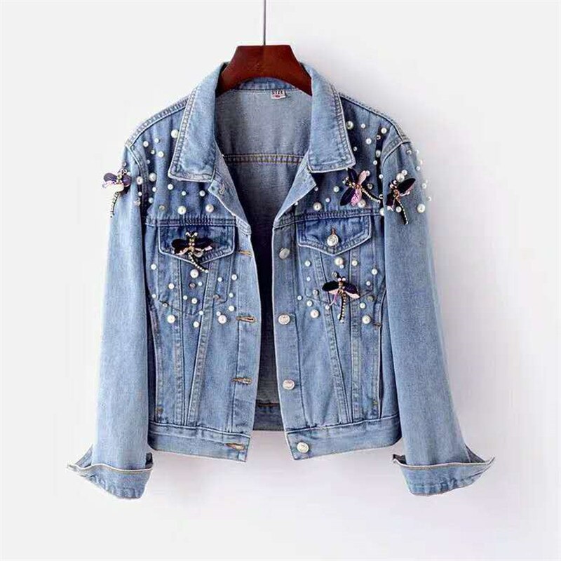Chaqueta vaquera holgada con abalorios para mujer, abrigo básico de manga larga, ropa de calle informal, P688, otoño,