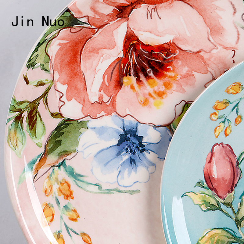 Underglaze Ceramic Plate French Home Rectangle Snack Tray Hand Painted Flower Decorate Dinner Plates Dining Table Decor