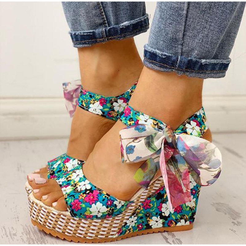 nouvelle plage d'été Boho sandales à talons compensés à fleurs femmes bride à la cheville plate-forme gladiateur chaussures femme talons hauts Sandalias Mujer