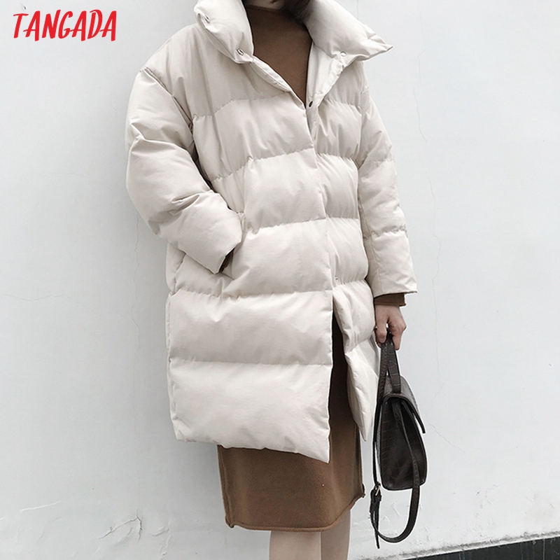 Tangada Vrouwen Solid Oversize Lange Parka Dikke Lange Mouw Knoppen Zakken Vrouwelijke Warme Winterjas Koreaanse Mode ATC02
