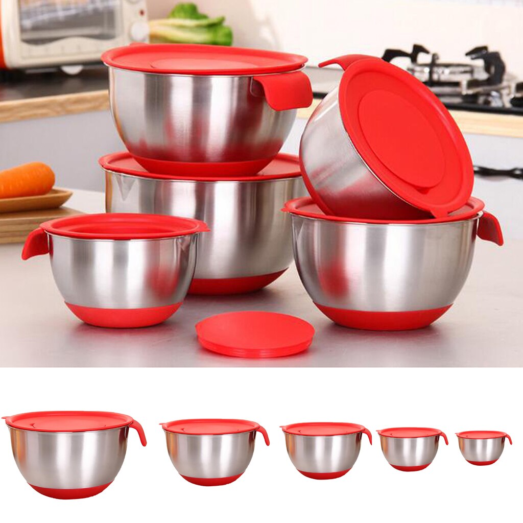 Stainless Steel Mixing Bowl Set with Non-Slip Silicone Bottom, Handle, Lid, Measurement Marks, 5 Sizes Chooese
