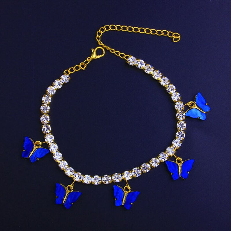 Pulseira de pé de praia boho jóias pulseiras de tornozelo pulseira de cristal borboleta para mulheres strass perna: DeepBlue