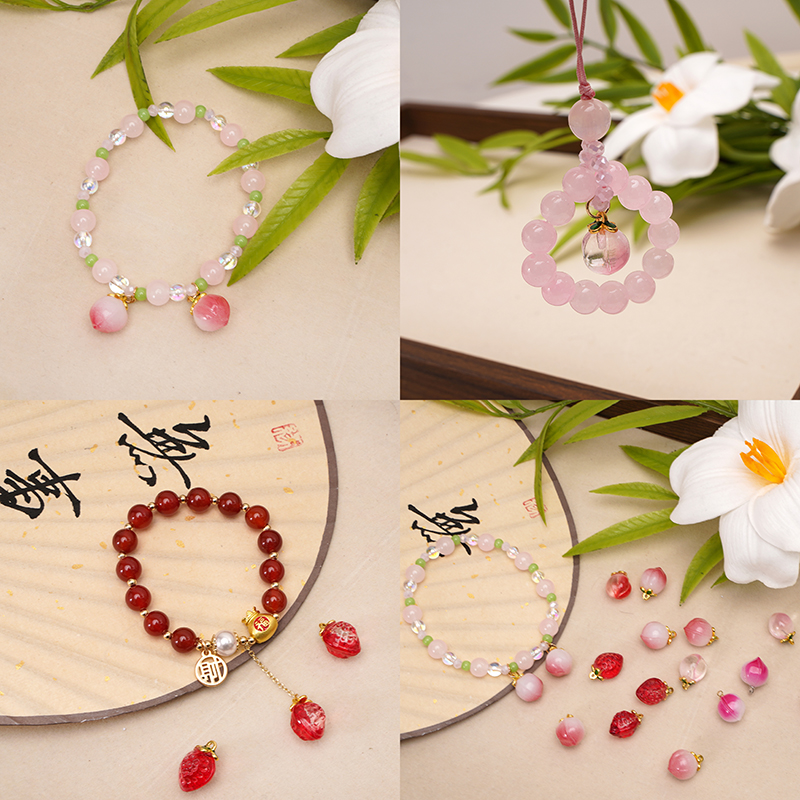 Abalorios de cristal de melocotón y fresa, colgante de fruta de imitación para pulseras Diy, llavero, collar, manualidades, materiales para hacer joyas, 2-5 uds.