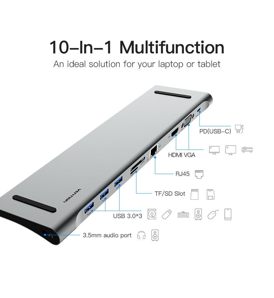 10 in 1 Multi USB C HUB to HDMI VGA USB 3.0 RJ45 3.5mm Audio Adapter for MacBook Type C HUB for Samsung S8 Huawei Mate 10
