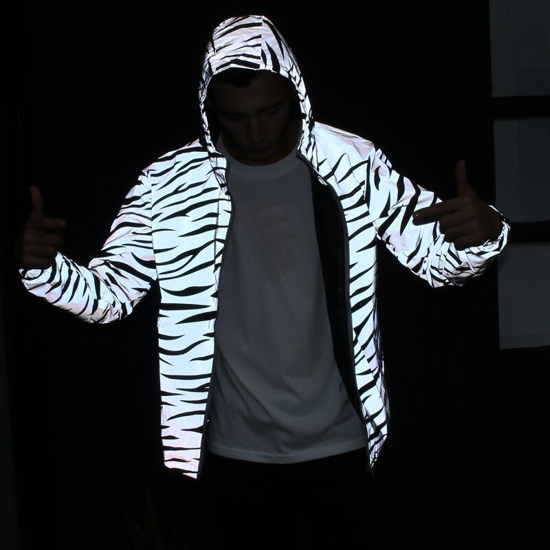 Reflective Light Jacket Men Mesh Style Noctilucent Zebra Jackets Hip Hop Streetwear Skateboard Waterproof Coat Outwear 5XL